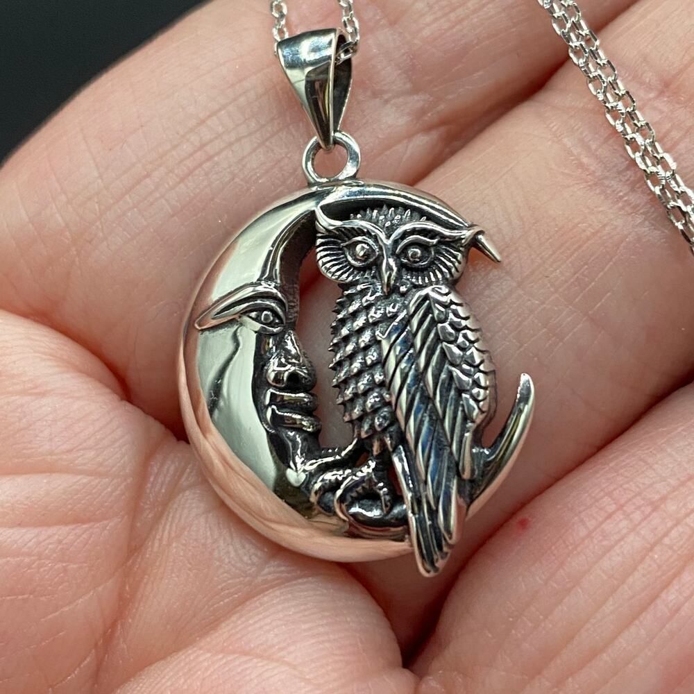 Owl And Moon Sterling Silver Pendant Necklace
